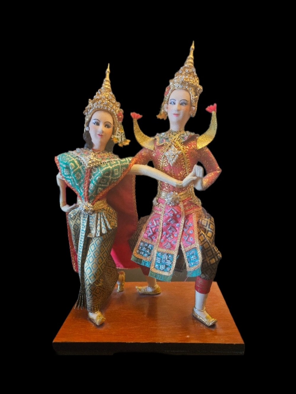 Vintage Thai Dancer Dolls Pair 12" Tall Ornate Costumes Gold Headdresses Display